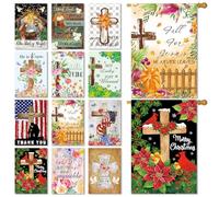 Lot de 12 drapeaux de jardin saisonniers chrétiens double face 71,1 x 101,6 cm, grands drapeaux pour extérieur, automne, hiver, Pâques, Noël, extérieur, maison de vacances pour toutes les saisons