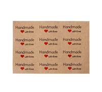 Lot de 12 étiquettes autocollantes carrées faites à la main avec amour en papier kraft avec cœurs rouges décoratifs transparents