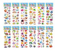 Lot de 12 feuilles d'autocollants 3D d'animaux marins, poissons de dessin animé, autocollants 3D, différents monde sous-marin, poissons tropicaux, pour garçons et filles, décoration d'anniversaire