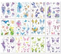 Lot De 12 Feuilles D'Autocollants Décoratifs Aquarelles Sur Le Thème De La Vie Marine Et De La Fantaisie, Représentant Une Sirène Et Des Papillons