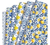 Lot de 12 feuilles de papier cadeau bleu citron et motif porcelaine blanche - Papier cadeau imprimé double face - 6 types de papier cadeau pour enfants, vacances, anniversaire - 50 x 68 cm