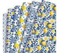 Lot De 12 Feuilles De Papier Cadeau Bleu Citron Et Motif Porcelaine Blanche - Papier Cadeau Imprimé Double Face - 6 Types De Papier Cadeau Pour Enfants ,Vacances ,Anniversaire - 50 X 68 Cm