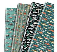 Lot de 12 feuilles de papier cadeau pour pêcheur, filet de pêche, bateau - Papier cadeau pour pêcheurs, anniversaire, fête, 50,8 x 71,1 cm