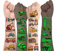 Lot de 12 feuilles de tatouages lumineux pour enfants et garçons, autocollants pour chantier, pelleteuses, tatouages temporaires à paillettes pour anniversaire d'enfant, fête à thème, petit cadeau