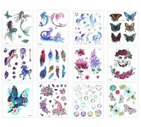 Lot de 12 feuilles de tatouages temporaires - Motif papillon - Tatouage sirène - Licorne - Pour enfants