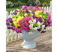 Lot de 12 fleurs d'automne artificielles pour décoration extérieure, gloire du matin en soie avec eucalyptus réalistes résistantes aux UV pour pot de fleurs, porche, cour, terrasse, jardin, maison