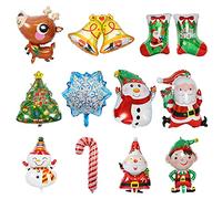 Lot de 12 grands ballons de Noël en aluminium - Père Noël, sapin de Noël, bonhomme de neige, clochette, chaussettes, ballons à hélium en Mylar pour décoration de fête du Nouvel An