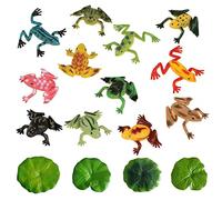 Lot de 12 Grenouilles colorées en Plastique avec Feuilles de Lotus artificielles, Grenouilles de Simulation Tropicale, Jouets de Reconnaissance des Animaux pour Enfants, Micro paysages artificiels