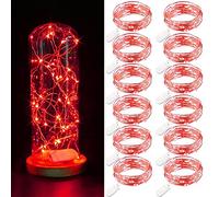 Lot de 12 guirlandes lumineuses à piles, 2 m 20 LED, guirlandes lumineuses en fil d'argent étanche, guirlandes lumineuses étoilées pour décoration de Noël, fête de mariage, chambre à coucher - Rouge