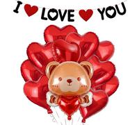 Lot de 12 kits de décorations de Saint-Valentin, 10 ballons en aluminium en forme de cœur rouge de 45,7 cm, grand ours en peluche de 89 cm et 1 bannière « I Love You » pour décorations de fête de