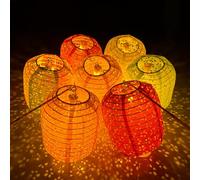 Lot de 12 lanternes chinoises en papier avec lumière LED, lampes en papier asiatiques japonaises creuses à suspendre avec pompon et bâton de marche, lanternes multicolores de 20,3 cm pour fête,