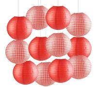 Lot de 12 lanternes rondes en papier rouge à carreaux pour décoration de fête de pique-nique, barbecue, pizza, fournitures de fête rouges et blanches