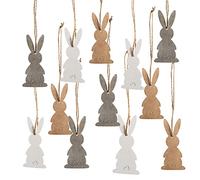 Lot de 12 Lapins à Suspendre en Bois, 10 cm: décorations de Pâques Naturelles avec Ficelle, pour Arbre de Pâques, Branches, paniers et Cadeaux, déco de Printemps réutilisable et créative