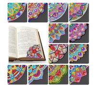 Lot de 12 marque-pages 5D - Peinture diamant - En cuir - Mandala - Lotus - Bricolage - Marque-page d'angle - Mandala Diamond Painting - Cadeau pour les amateurs de livres (BJ01)