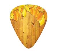 Lot de 12 médiators de guitare avec boîte fine, feuilles colorées vives sur les planches de bois, design naturel rustique, coffret cadeau spécial plectres de guitare pour guitariste, jaune, orange, ve
