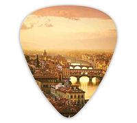 Lot de 12 médiators de guitare avec boîte fine, pont Ponte Vecchio Italie, vue sur le coucher de soleil, maisons de château, paysage urbain historique, coffret cadeau spécial plectres de guitare pour