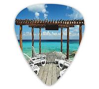 Lot de 12 médiators de guitare avec boîte fine, transats de plage, paysage de mer avec impression d'image en bois, plectres de guitare spéciaux, coffret cadeau pour guitariste