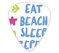 Lot de 12 médiators de guitare avec boîte fine, typographie Doodle Eat Beach Sleep Repeat Motive Message, coffret cadeau spécial plectres de guitare pour guitariste