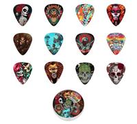 Lot de 12 médiators de guitare - Fin, moyen, lourd et extra lourd | Médiators artistiques en celluloïd pour guitare acoustique, électrique et basse | Boîte en métal robuste - Le cadeau parfait pour