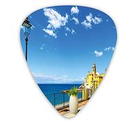 Lot de 12 médiators pour guitare avec boîte fine, vieux bâtiment de Camogli sur la mer et la terrasse, destination de voyage historique célèbre, coffret cadeau spécial plectres de guitare pour guitari