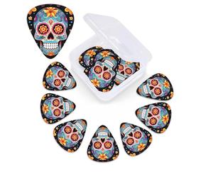 Lot de 12 médiators Sugar Skulls avec boîte de rangement, 3 épaisseurs différentes, dont des médiators fins, moyens et lourds