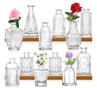 Lot de 12 mini bouteilles de fleurs vintage en verre délicates et différentes tailles pour arrangement floral, décoration de table décorative, fête de mariage à la maison