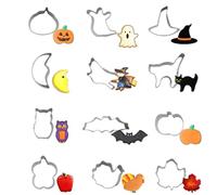 Lot de 12 mini emporte-pièces d'Halloween en acier inoxydable pour pâtisserie, citrouille, fantôme, chat noir, chauve-souris, chapeau de magicien, feuille d'érable, lune, dinde