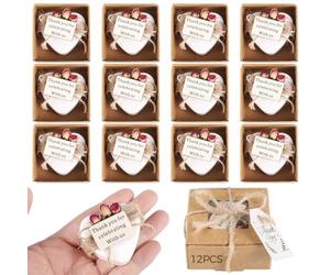 Lot de 12 mini savons parfumés faits à la main en forme de cœur pour cadeaux de mariage, fêtes prénuptiales, goûters, comprend un bouquet de roses séchées et une étiquette de remerciement, emballés