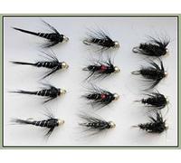 Lot de 12 mouches nymphes à truite à tête dorée, bibio, noir/paon, noir/argent 10/12