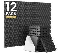 Lot de 12 Mousse Acoustique Auto-adhésive, TONOR Canaux Sonores Pyramidaux pour l'absorption des échos, 30×30×5 cm, pour Salle de Cinéma Maison, Studios d'enregistrement, Salles de Musique, Noir