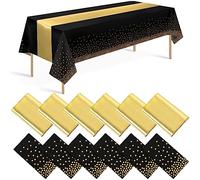 Lot de 12 nappes et chemins de Table Noirs et dorés - Décorations de fête en Plastique Noir et doré - Jetables et chemins de Table satinés pour Mariage, Anniversaire, Remise de diplôme, fête