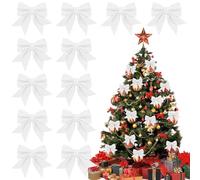 Lot de 12 Noeuds de Ruban de Noël Blanc, Arcs de Noël Pailletés 12 x 15cm, Decoration Sapin de Noeud Noel, Deco Sapin de Noel Réutilisable pour Guirlande Cadeaux Voiture Mariage Fêtes