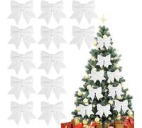 Lot de 12 nœuds de Noël - 12 x 15 cm - Pour sapin de Noël - Paillettes - Décoration de sapin de Noël - Blanc