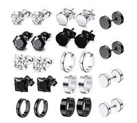 Lot de 12 paires de boucles d'oreilles en acier inoxydable style punk, hip-hop, rock - Pendentifs - Unisexe