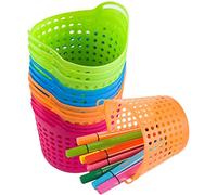 Lot de 12 paniers à crayons ronds en plastique de couleur vive avec poignée pour salle de classe, panier en plastique durable, convient pour bureau, tiroir, étagère de bureau