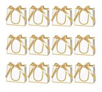 Lot de 12 petits sacs cadeaux avec poignées et ruban pour mariage, fête prénatale, anniversaire, blanc et doré