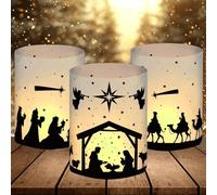 Lot de 12 photophores décoratifs de table, décoration chrétienne, cadeaux chrétiens, naissance de Jésus, crèche, mini bougies chauffe-plat de Noël, bougeoirs décoratifs pour l'intérieur et l'extérieur