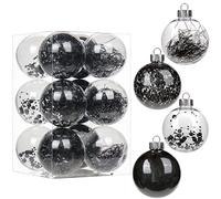 Lot de 12 pièces 8cm Grandes Boules de Noël Grosses Boules en Plastique Transparent Incassable avec Ornements Délicats Boules de Noël Noires Set Décorations Suspendues pour Sapin de Noël pour