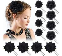 Lot de 12 pinces à cheveux en forme de rose - Grandes et moyennes - Pour femmes et filles - Élégantes - Accessoires pour cheveux - Pour mariage, danse (noir)
