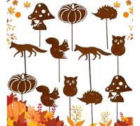 Lot de 12 piquets de jardin rouillés - Décoration d'automne - Pour décoration d'automne - Rouille avec hérisson, chouette, champignon - En métal des deux côtés - Pour pot de fleurs de terrasse