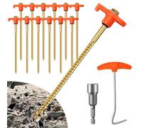 Lot de 12 piquets de tente en métal très résistants avec filetage, adaptateur de perceuse et extracteur de clous, ancrages au sol pour sol dur, camping avec poignée en T (orange)