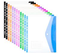 Lot de 12 pochettes perforées en plastique A4, extensibles, avec bouton, 11 trous, grande capacité, avec fermeture à pression et poche pour étiquette pour l'école, la maison, le bureau (6 couleurs)