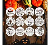 Lot de 12 pochoirs ronds pour Halloween, 30,5 cm, réutilisables, en plastique, pour panneaux de porte et de bois, avec citrouille, fantôme, toile d'araignée et chauve-souris