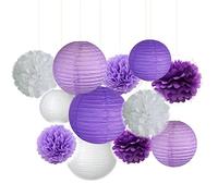 Lot de 12 pompons en papier de soie et boules en nid d'abeille pour anniversaire, mariage, fête prénatale, fêtes, décorations principales, décoration de pompons, confettis en nid d'abeille, violet A