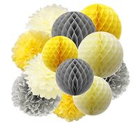 Lot de 12 pompons en papier de soie et boules en nid d'abeille pour anniversaire, mariage, fête prénatale, fêtes, décorations principales, pompons décoratifs, confettis en nid d'abeille, jaune gris