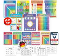 Lot De 12 Posters Éducatifs Montessori - Format A3 - Avec Feuilles D'exercices - Papier Satiné Mat - Pour Apprendre Les Chiffres 1 X 1 - Type De Calcul De Base - Aide À L'apprentissage Des