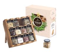 Lot de 12 pots à épices en bois - Recharge sur pied pour herbes contenant 12 épices incluses pour la cuisine - Coffret cadeau parfait