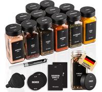 lot de 12 pots à épices hermétiques 120 ml avec couvercles noirs en inox, embouts saupoudreurs, entonnoir, brosse, étiquettes & crayon craie - DECO HAUS