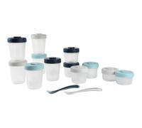 BÉABA, Lot de 12 Portions Conservation et 2 Cuillères Silicone, Clip, Pots empilables et emboîtables, 100% hermétique, Graduation, Congélation, Lait Maternel (2x90 ml & 4x150 ml & 6x250ml), Storm