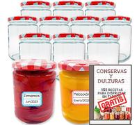 Lot de 12 pots en verre de 450 ml avec couvercles + EBook avec +100 recettes pour conserves - Bocaux avec couvercle à vis pour aliments faits maison - Boîte étanche - Avec étiquettes - Pots moyens